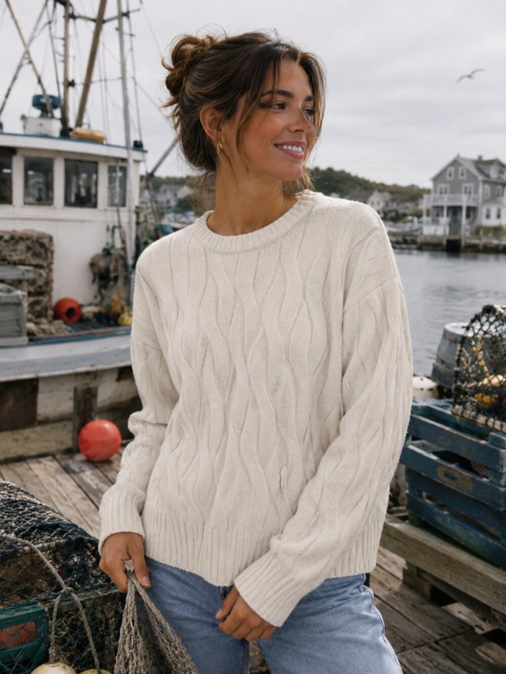Ladies Calvin Klein M Cream Sweater Chunky Cable Knit Minimalist